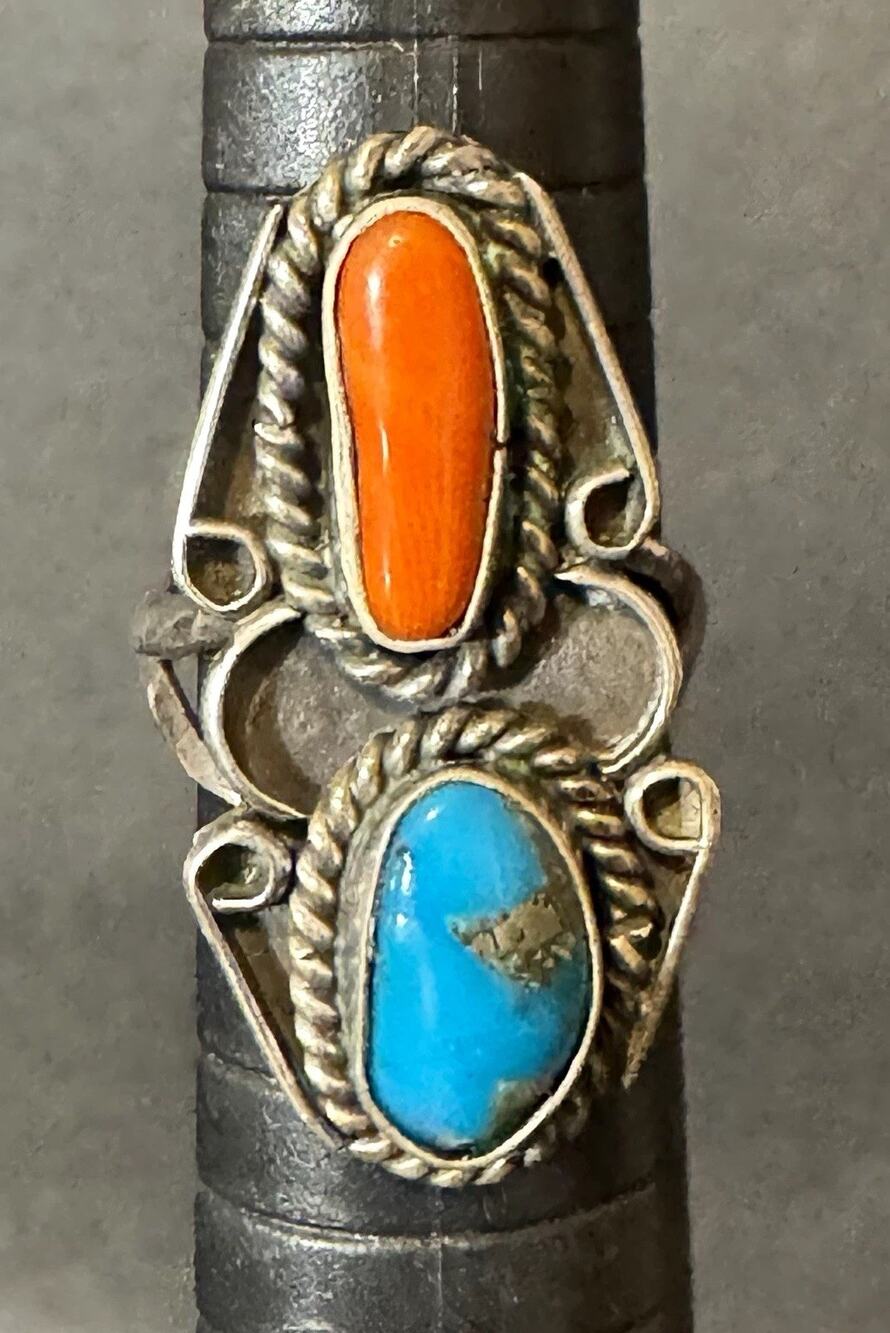Vintage Navajo Silver Turquoise Coral Ring Size 5.5 Elongated Unmarked 5.9g